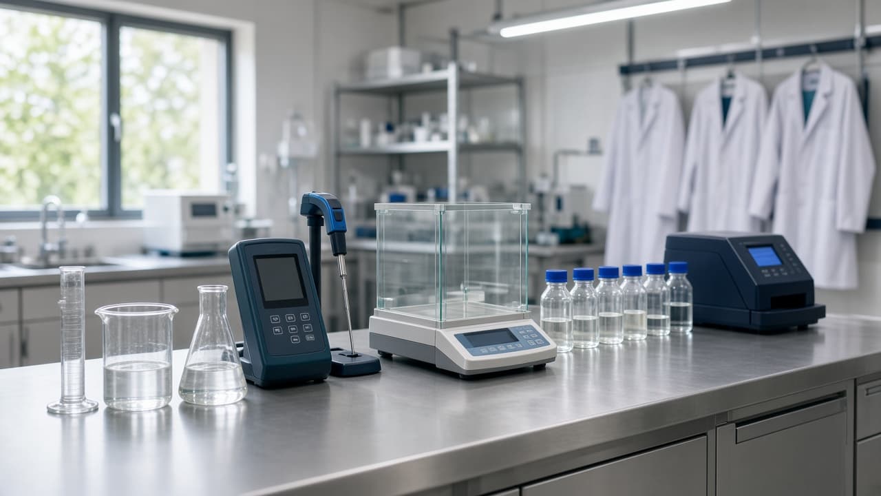 Chemical R&D laboratory bench with formulation glassware and analytical instruments