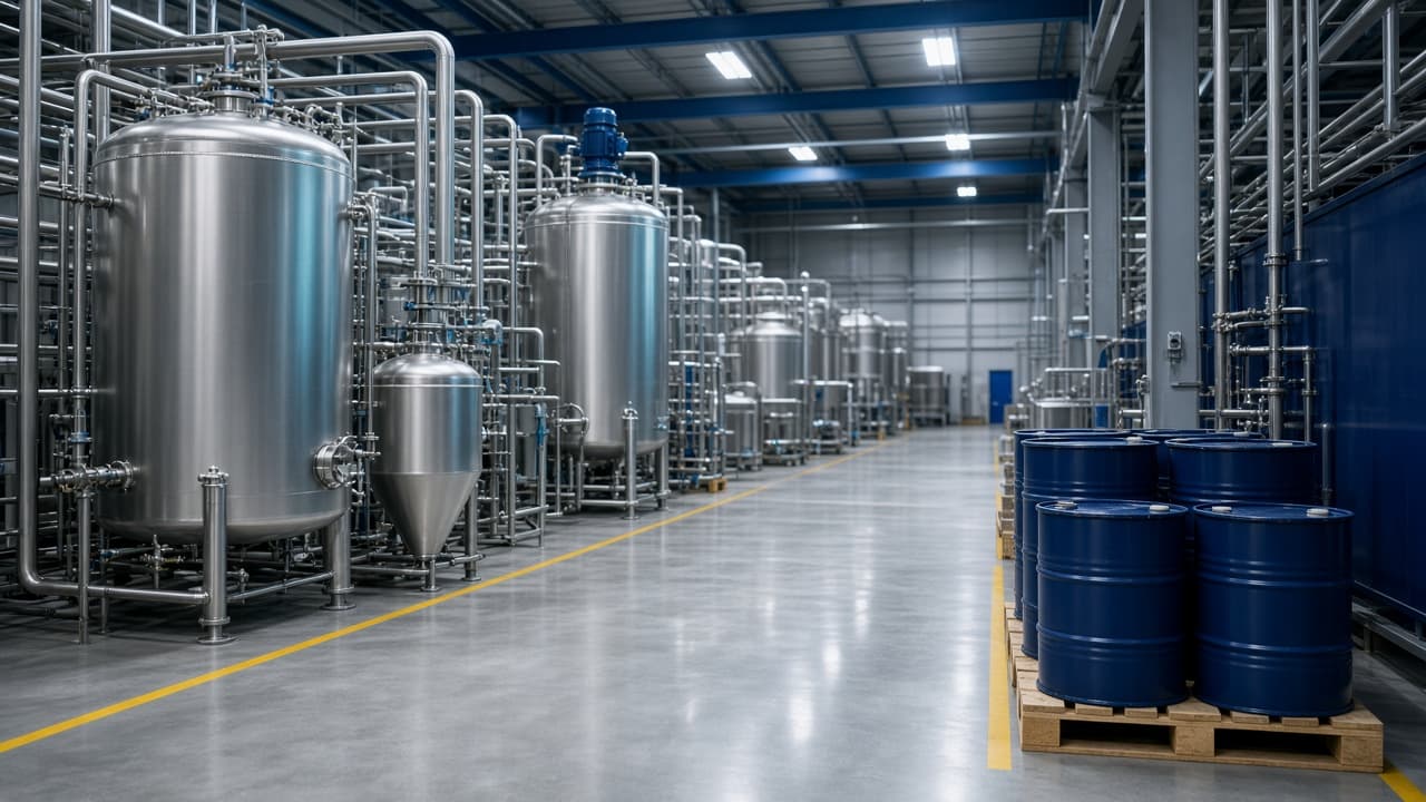 Chemical manufacturing plant floor with stainless-steel mixing tanks and drums