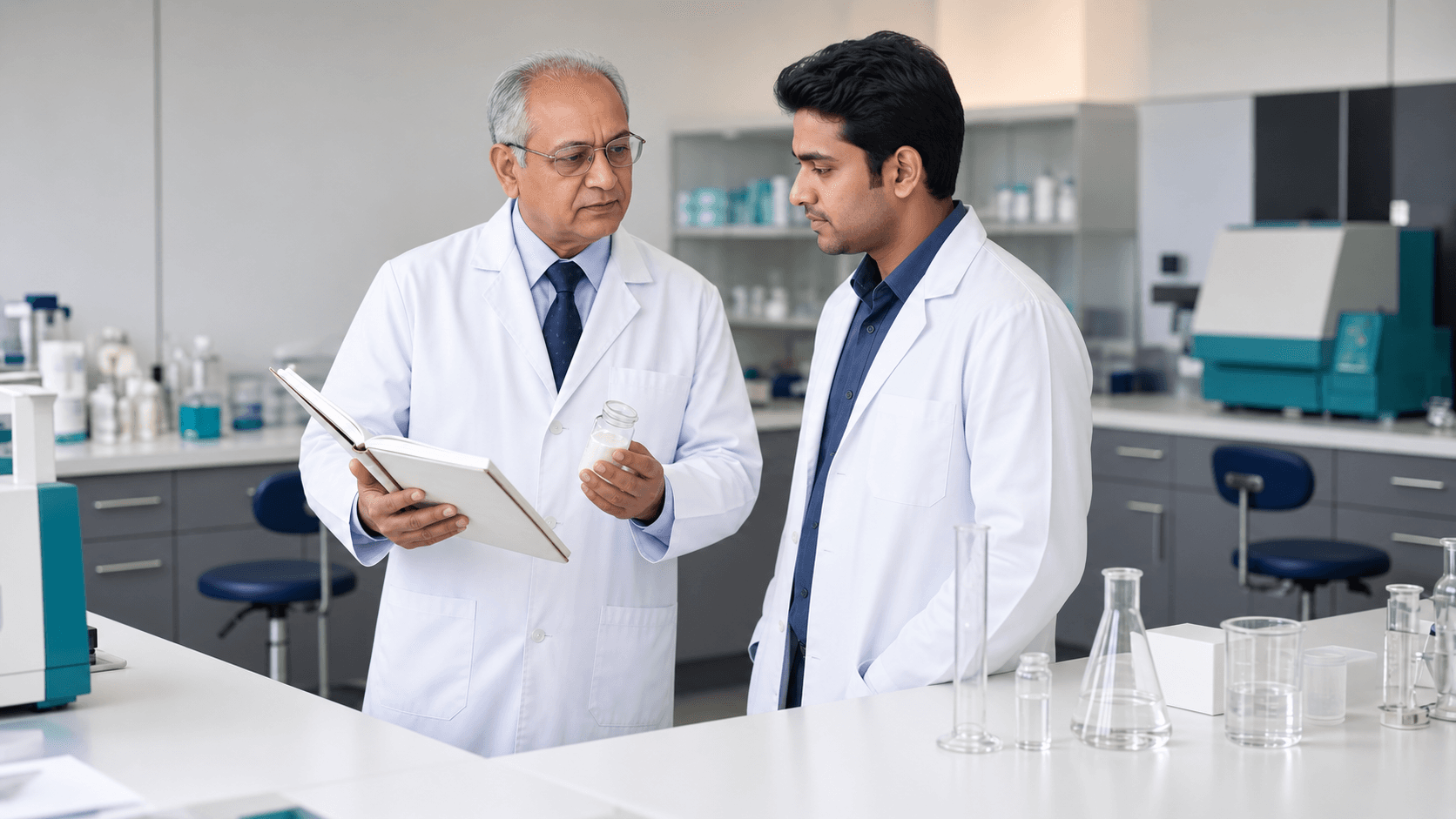 Chemist sharing formulation knowledge with an entrepreneur in a laboratory